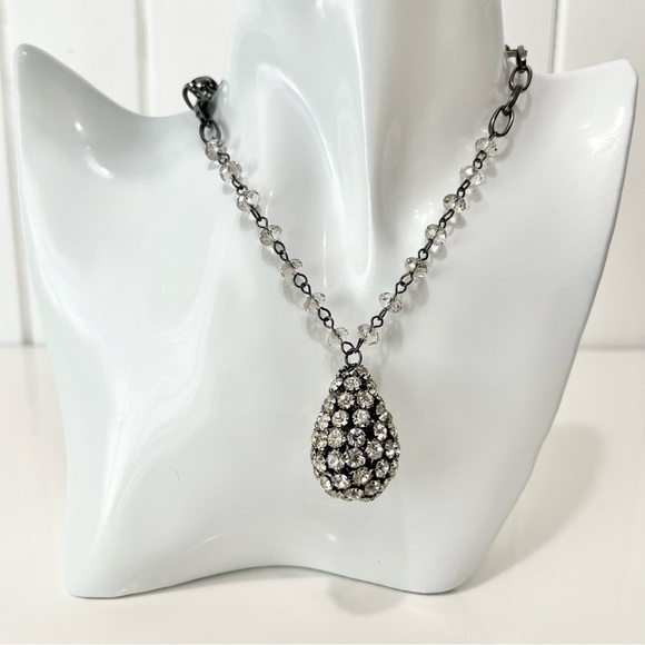 Rhinestone Pewter Teardrop Pendant Necklace - Picture 3 of 8